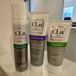 NEW CLN Think Clinically Clean facial cleanser, facial moisturizer, body wash